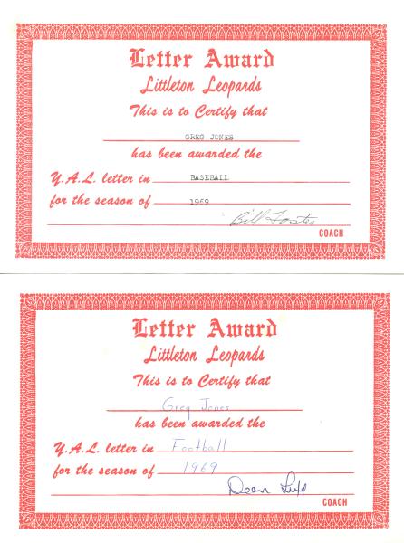 02000 1969 Littleton Leopards Baseball and Football Certificates