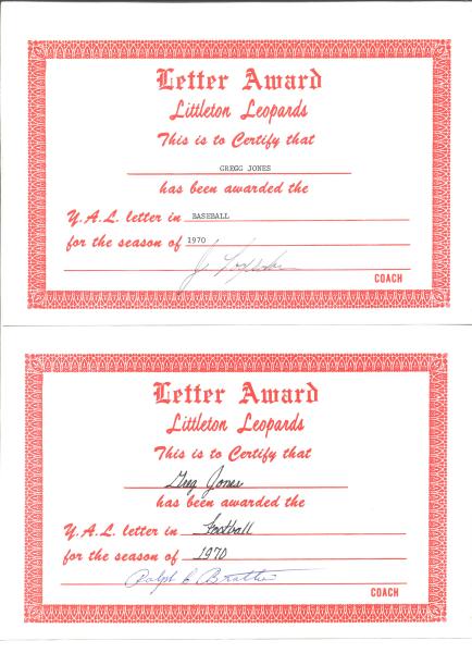 03000 1970 Littleton Leopards Baseball and Football Certificates